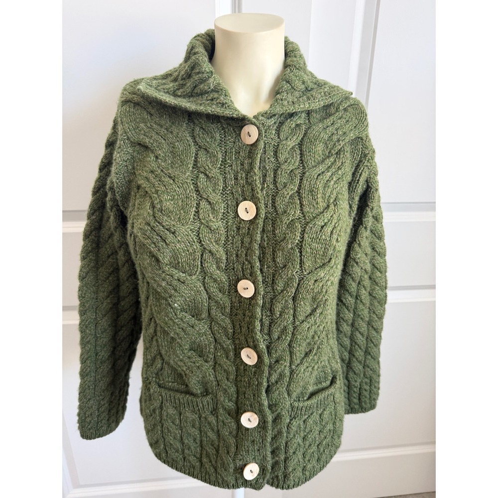 Aran Sweater Market Green Merino Wool Cable Knit Cardigan Ireland Womens Medium